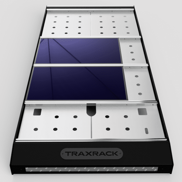 TraxRaxk PRO roof rack RENDER front view with cargo trays and solar panels