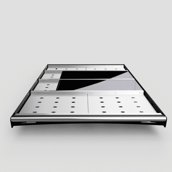 TraxRaxk PRO roof rack RENDER rear view with cargo trays and solar panels